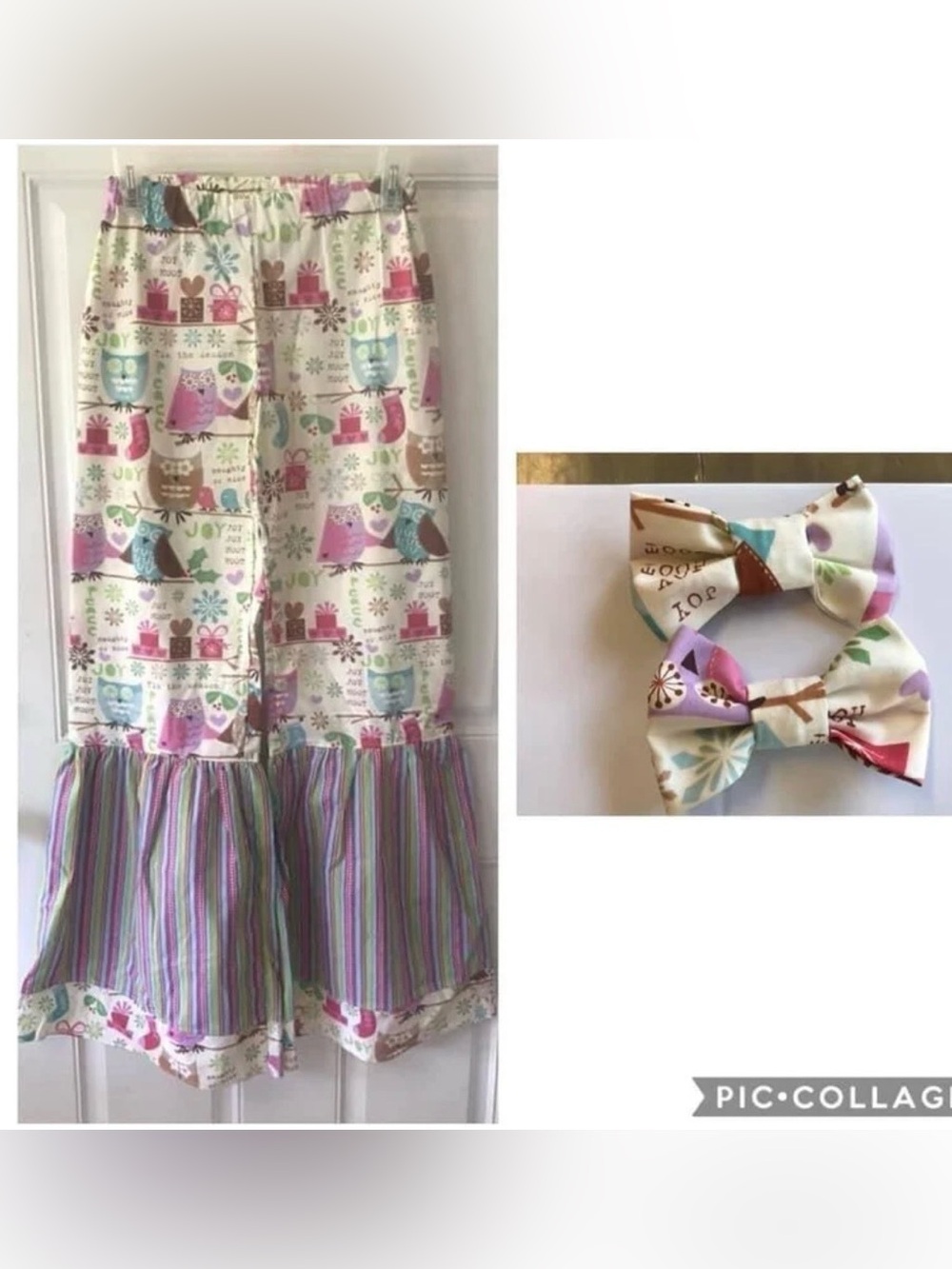 NWOT size 8 Machine Sewn Cream/ Pink/green owls, presents ruffled Christmas pant